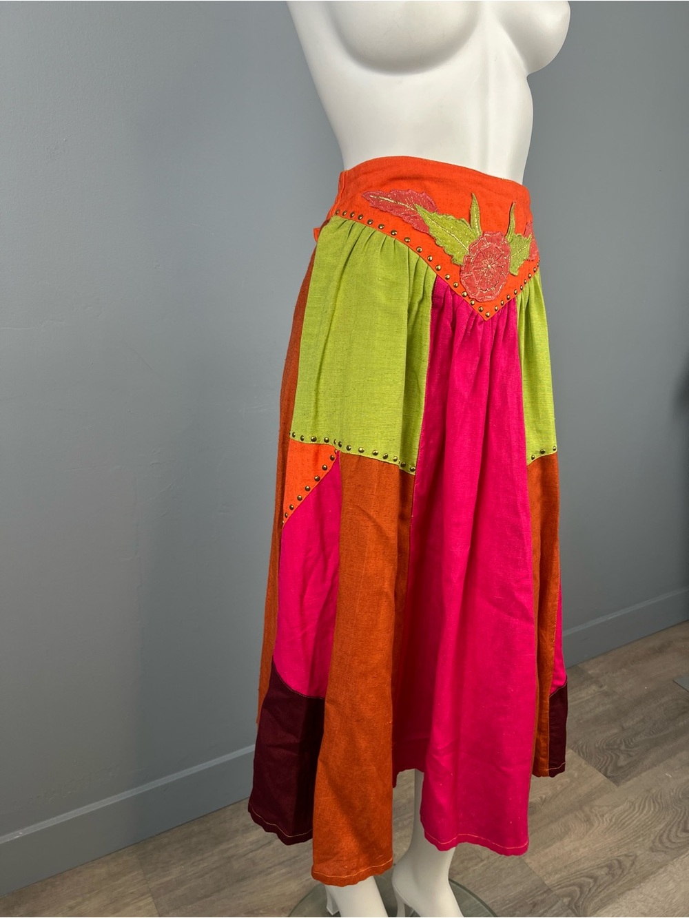 Vintage Stop over Patchwork Midi Skirt in Fuchsia, Orange & Lime - Unbranded
